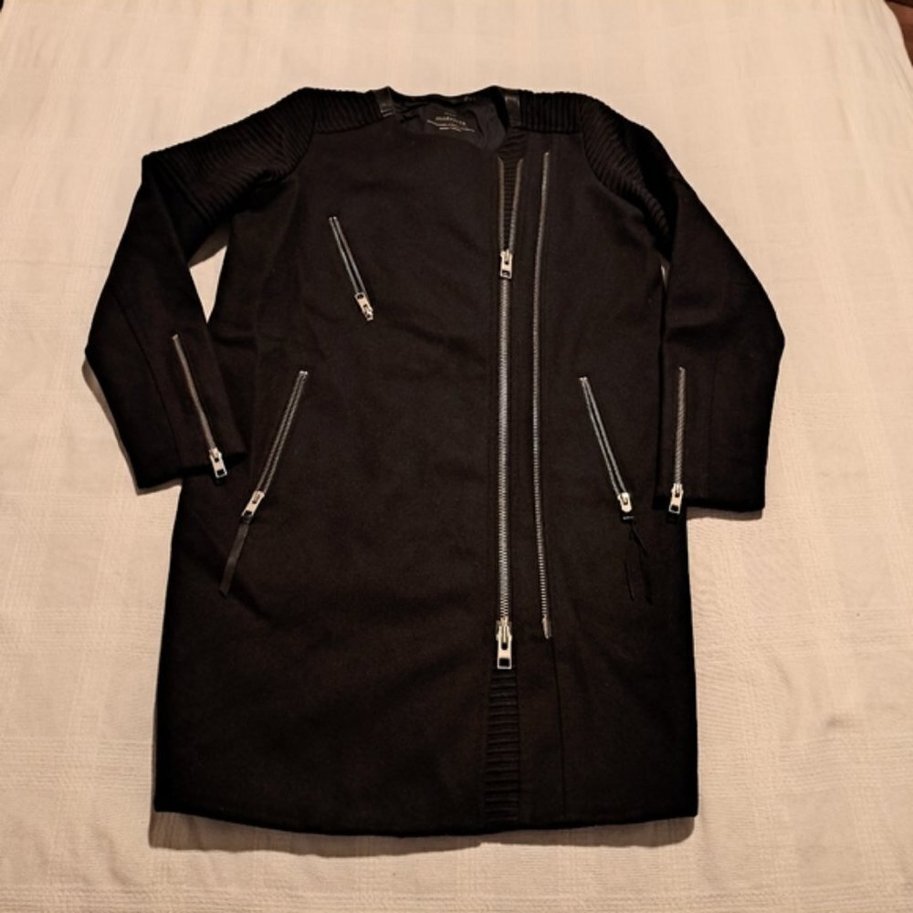All Saints womens size 2 black Sharr coat, 80% wool, leather collar